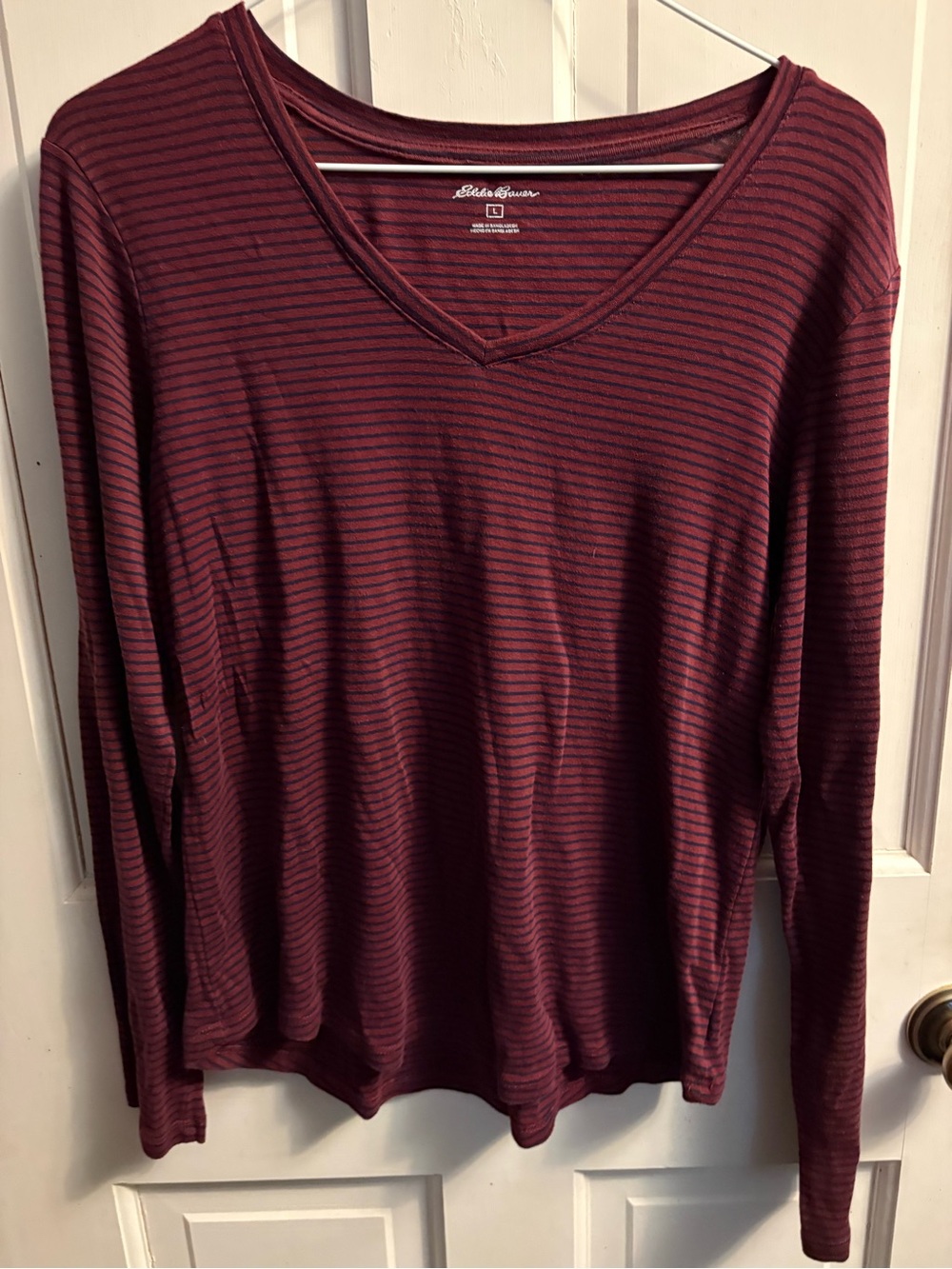 Eddie Bauer Women's Burgundy and Black Striped V-Neck Long Sleeve Top